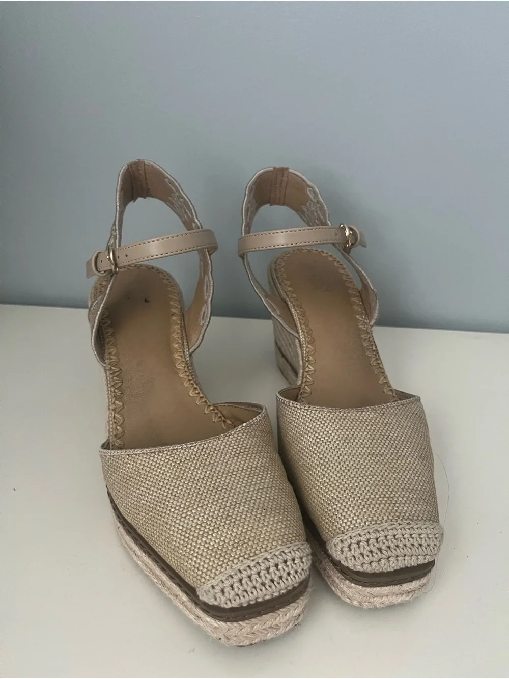 Crown Vintage Beige Espadrille Wedge Sandals with Ankle Strap and Woven Front